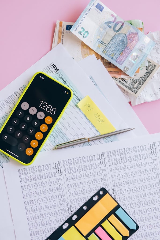 Tax documents and currency with a smartphone calculator on a pink background.
